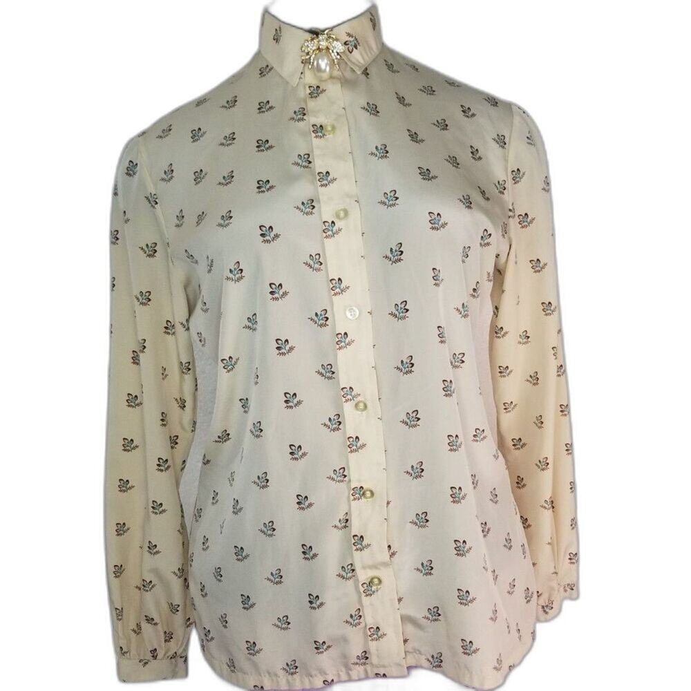 1970s Beige Button Up Top Fold Down Collar Brown Floral Shirt Size Small Medium